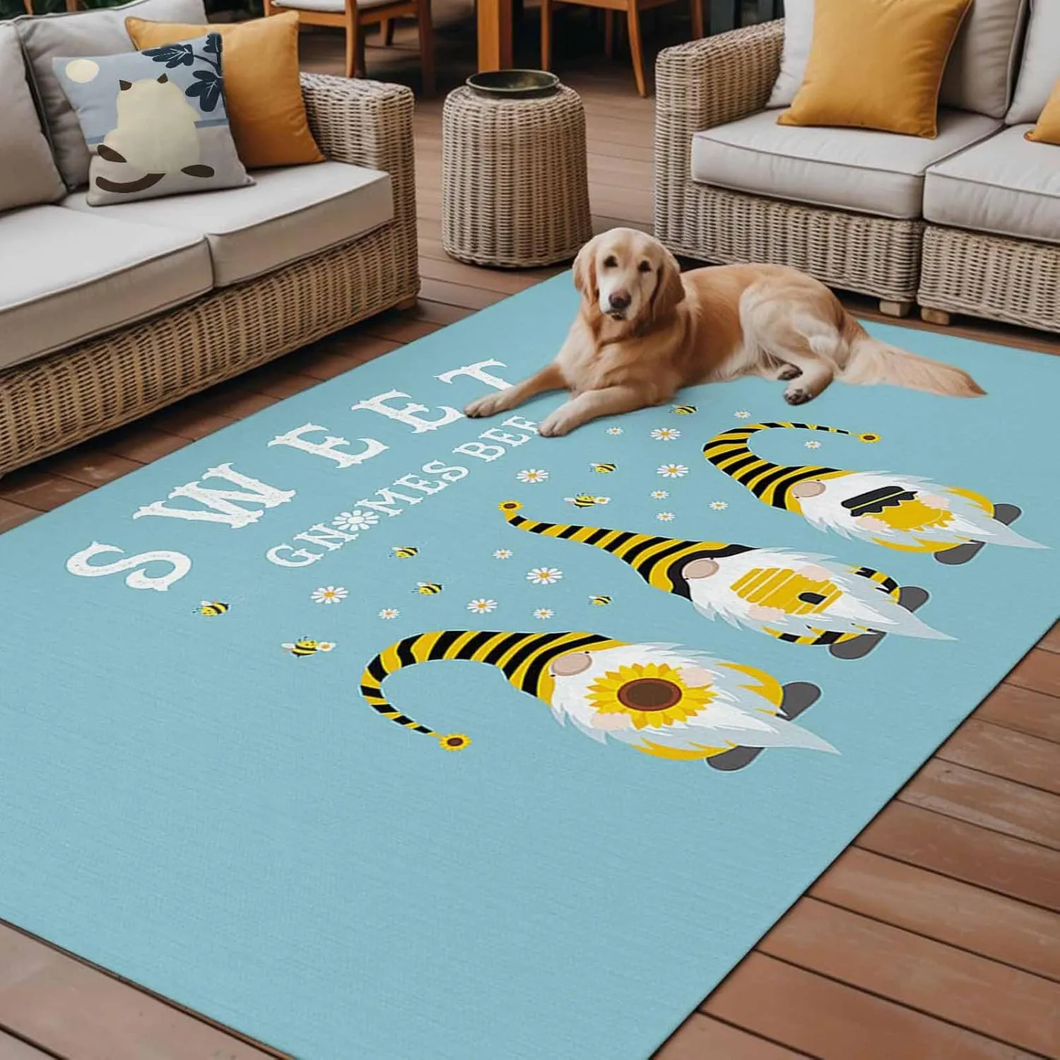 Teal Green Outdoor Rug 5x8ft Large Patio Rug,Washable RV Camping Outside Area Runner Rug Mat,Sweet Honey Gnome Bee Stripe White Daisy Carpet for Picnic Backyard Deck Porch Balcony Beach & Indoor