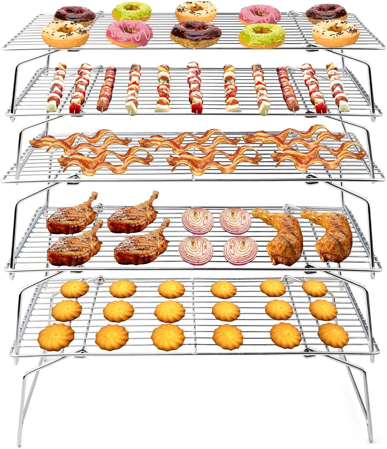 TeamFar Cooling Rack, 5-Tiers Stainless Steel Baking Cooling Wire Rack for Baking Roasting Cooking, Healthy & Firmly Weld, Stackable & Collapsible, Dishwasher Safe, 15”x10”