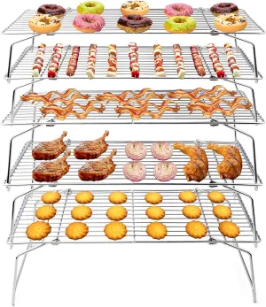 TeamFar Cooling Rack, 5-Tiers Stainless Steel Baking Cooling Wire Rack for Baking Roasting Cooking, Healthy & Firmly Weld, Stackable & Collapsible, Dishwasher Safe, 15”x10”