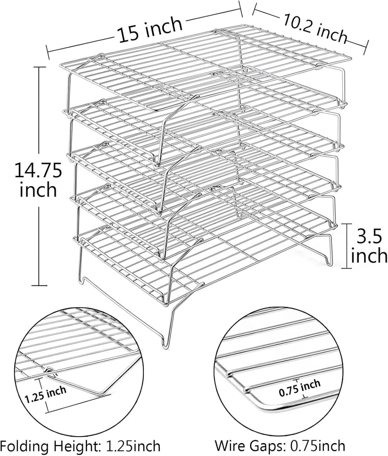 TeamFar Cooling Rack, 5-Tiers Stainless Steel Baking Cooling Wire Rack for Baking Roasting Cooking, Healthy & Firmly Weld, Stackable & Collapsible, Dishwasher Safe, 15”x10”