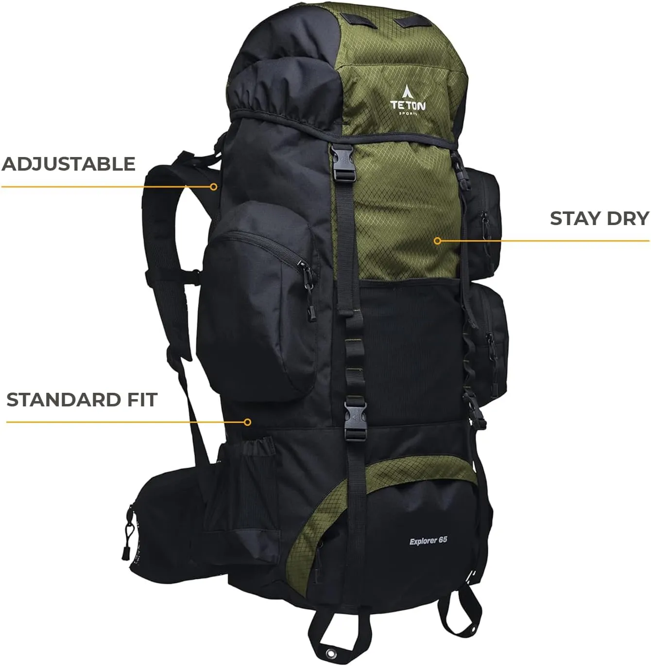 Teton 65L Explorer Internal Frame Backpack for Hiking, Camping, Backpacking, Rain Cover Included