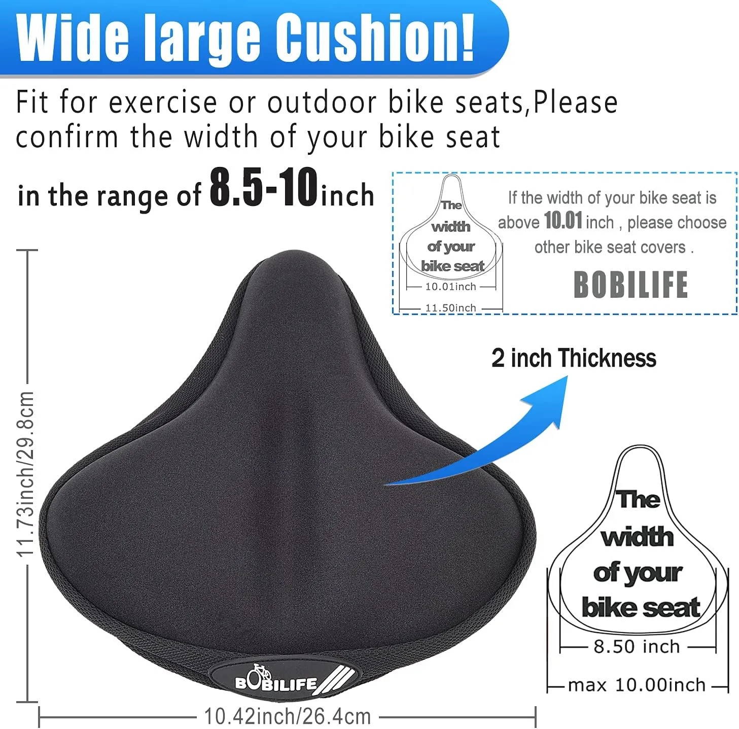 Thick & Wide Gel Bike Seat Cushion Pad with Rainproof Cover - Comfortable Silicone Gel Memory Foam Bicycle Saddle Seat Cushion with UV Protection