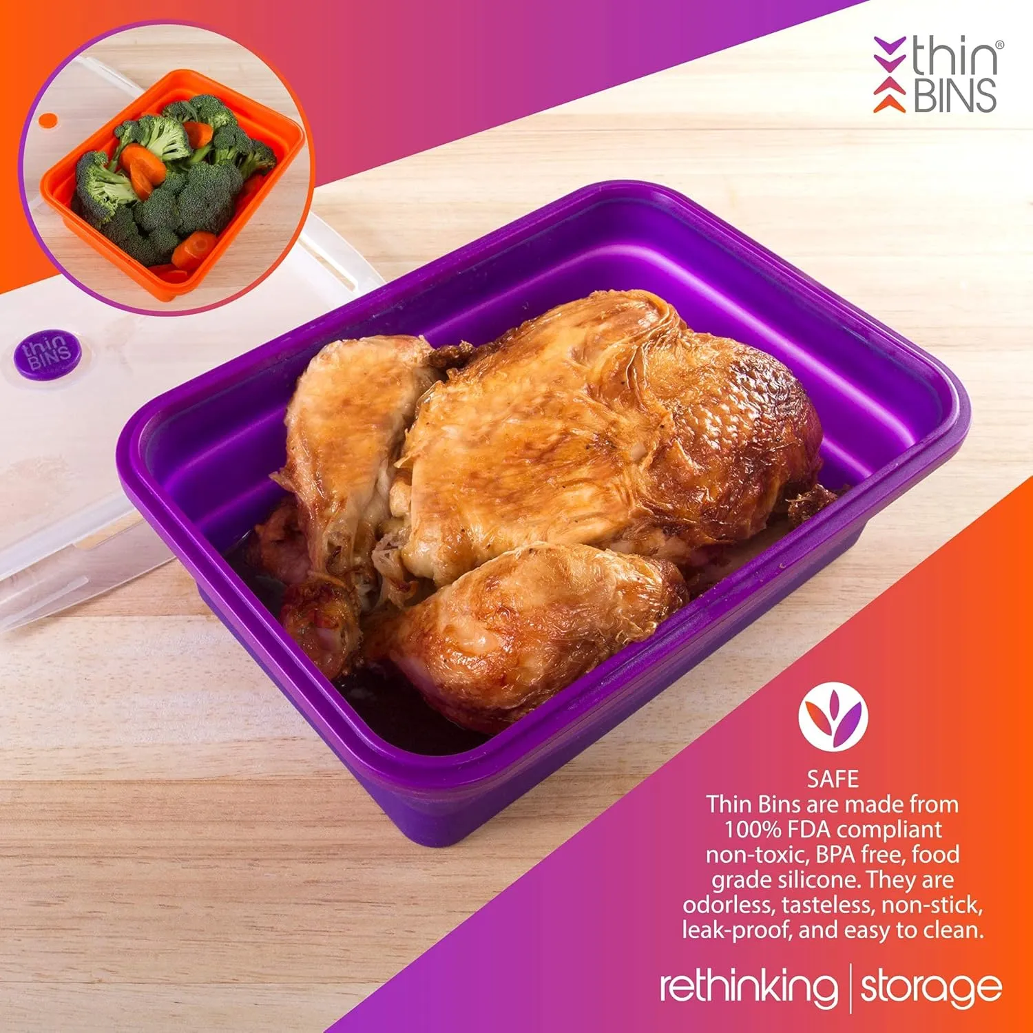 Thin Bins Collapsible Containers – Set of 2 Extra Large Rectangle Silicone Food Storage Containers – BPA Free, Microwave, Dishwasher and Freezer Safe