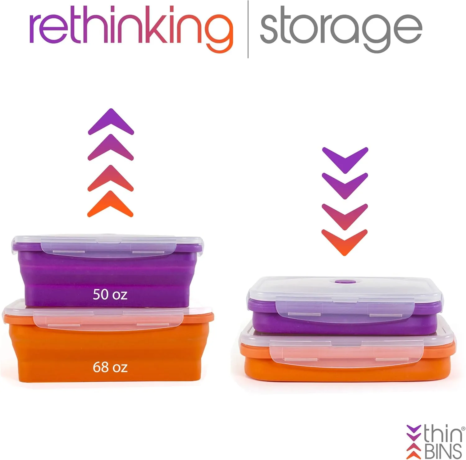 Thin Bins Collapsible Containers – Set of 2 Extra Large Rectangle Silicone Food Storage Containers – BPA Free, Microwave, Dishwasher and Freezer Safe