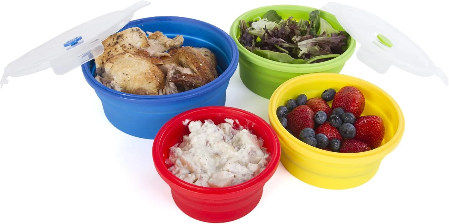 Thin Bins Collapsible Containers Set of 4 Round Silicone Food Storage Containers BPA Free, Microwave, Dishwasher and Freezer Safe - No more cluttered container cabinet! SC-149A