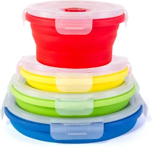 Thin Bins Collapsible Containers Set of 4 Round Silicone Food Storage Containers BPA Free, Microwave, Dishwasher and Freezer Safe - No more cluttered container cabinet! SC-149A