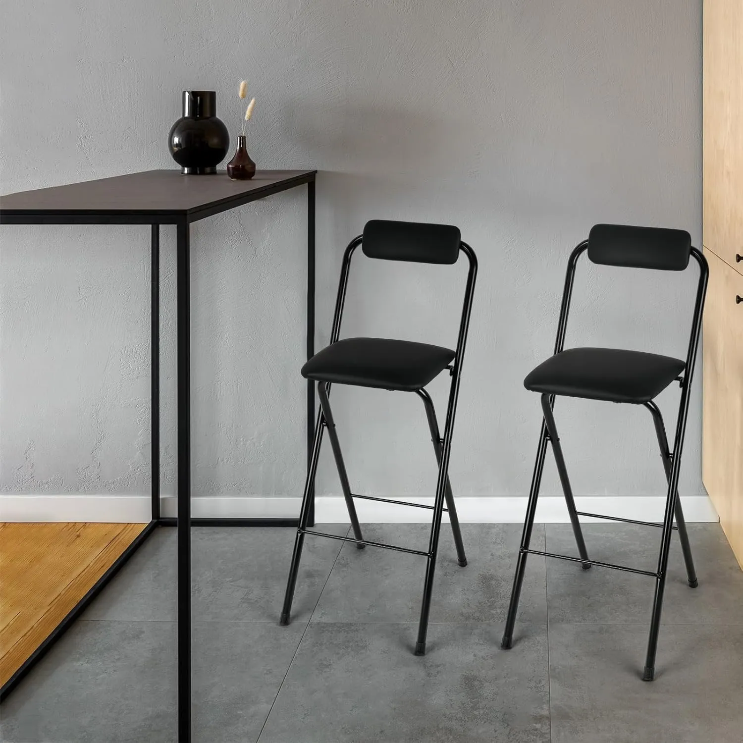 Thyle 1 Pcs Folding Bar Stool with Backrest, Tall Foldable Stool Chair Portable High Folding Bar Chair Counter Height Seat Leather Padded for Kitchen Island Shop Cafe Dining Room Black (27.5 Inch)