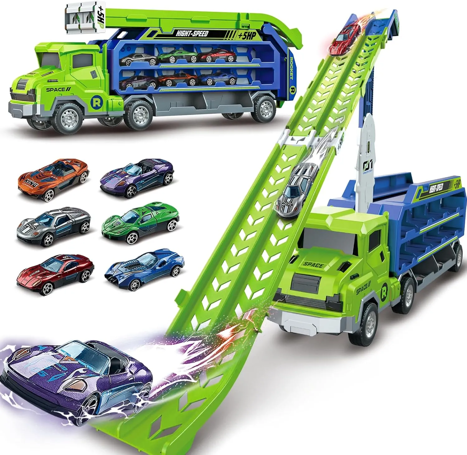 Toddler Car Truck Toys,Car Carrier Truck Toys for Kids Age 3-5 4-8,Foldable Car Track Sets with 2.8-Ft Race Track and 6 Die-Cast Race Cars, Truck Toys Gifts for 3 4 5 6 7 8  Year Old Boys Girls(Green)