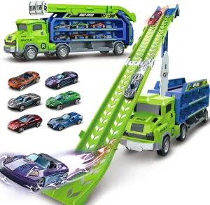 Toddler Car Truck Toys,Car Carrier Truck Toys for Kids Age 3-5 4-8,Foldable Car Track Sets with 2.8-Ft Race Track and 6 Die-Cast Race Cars, Truck Toys Gifts for 3 4 5 6 7 8  Year Old Boys Girls(Green)