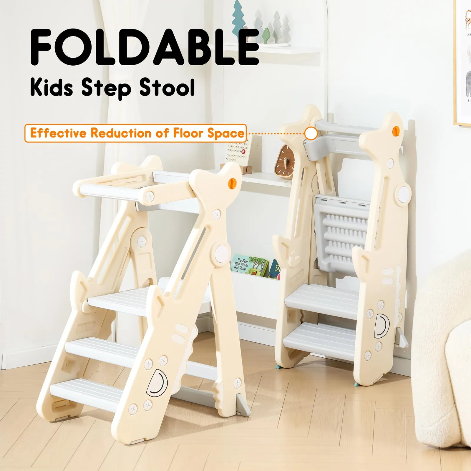 Toddler Kitchen Step Stool, Foldable Toddler Standing Tower for Toddler Kitchen Stool Helper - Adjustable Height Toddler Kitchen Stool, Removable Anti-Drop Railing Safety Rail