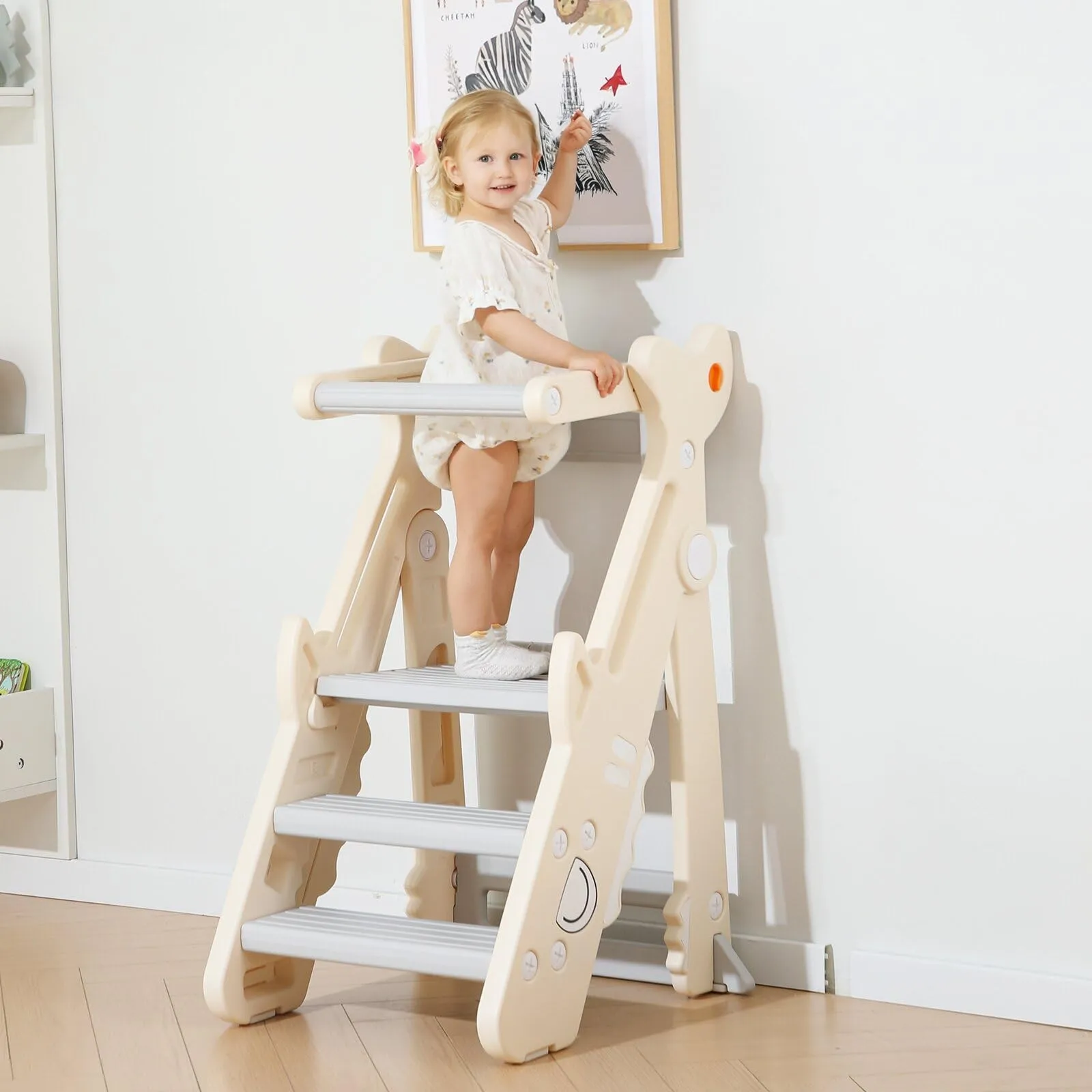 Toddler Kitchen Step Stool, Foldable Toddler Standing Tower for Toddler Kitchen Stool Helper - Adjustable Height Toddler Kitchen Stool, Removable Anti-Drop Railing Safety Rail