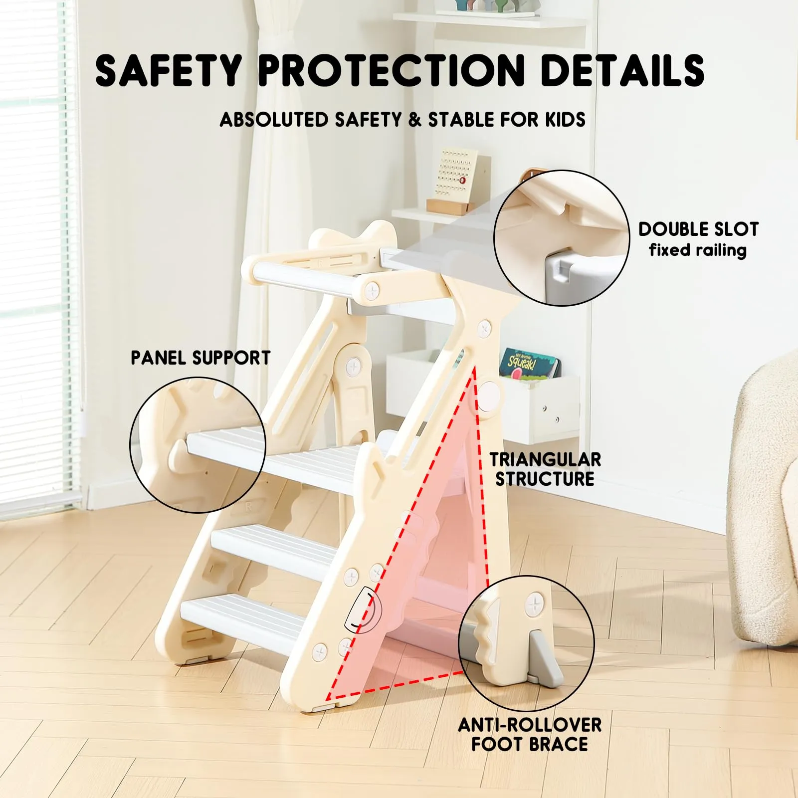 Toddler Kitchen Step Stool, Foldable Toddler Standing Tower for Toddler Kitchen Stool Helper - Adjustable Height Toddler Kitchen Stool, Removable Anti-Drop Railing Safety Rail