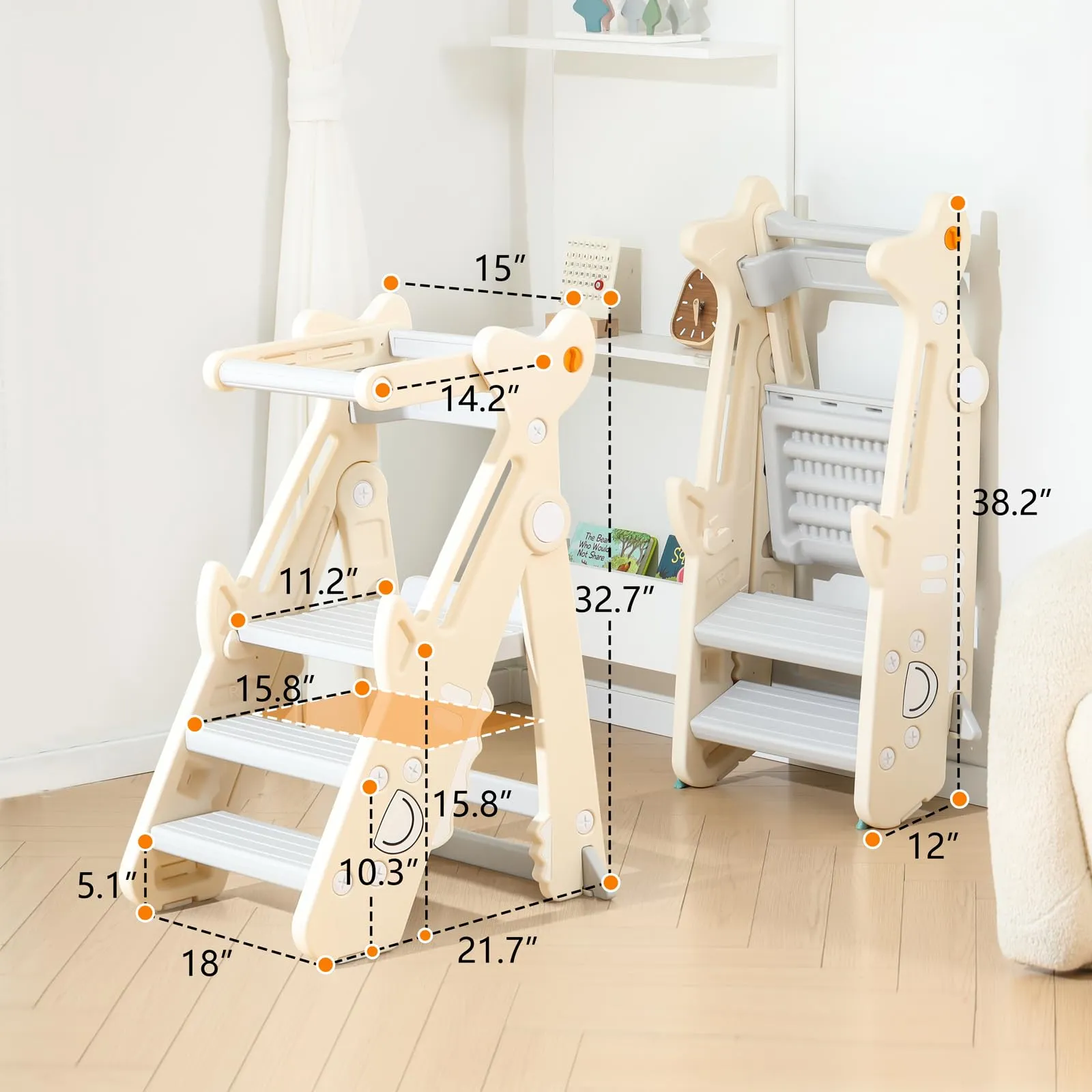 Toddler Kitchen Step Stool, Foldable Toddler Standing Tower for Toddler Kitchen Stool Helper - Adjustable Height Toddler Kitchen Stool, Removable Anti-Drop Railing Safety Rail