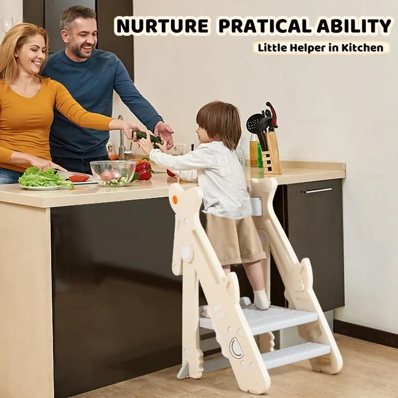 Toddler Kitchen Step Stool, Foldable Toddler Standing Tower for Toddler Kitchen Stool Helper - Adjustable Height Toddler Kitchen Stool, Removable Anti-Drop Railing Safety Rail