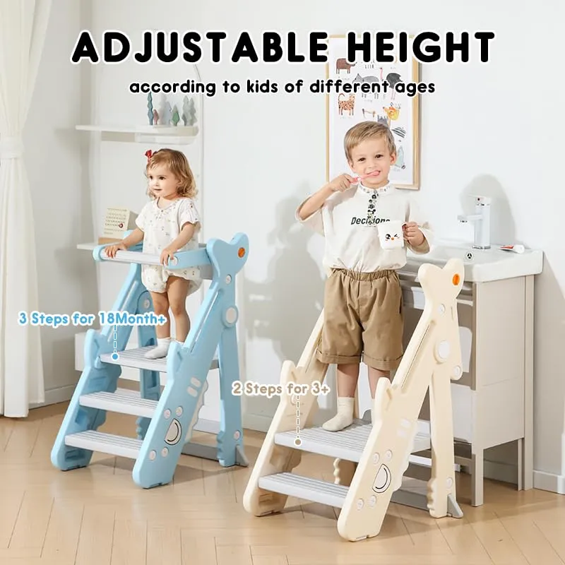 Toddler Kitchen Step Stool, Foldable Toddler Standing Tower for Toddler Kitchen Stool Helper - Adjustable Height Toddler Kitchen Stool, Removable Anti-Drop Railing Safety Rail