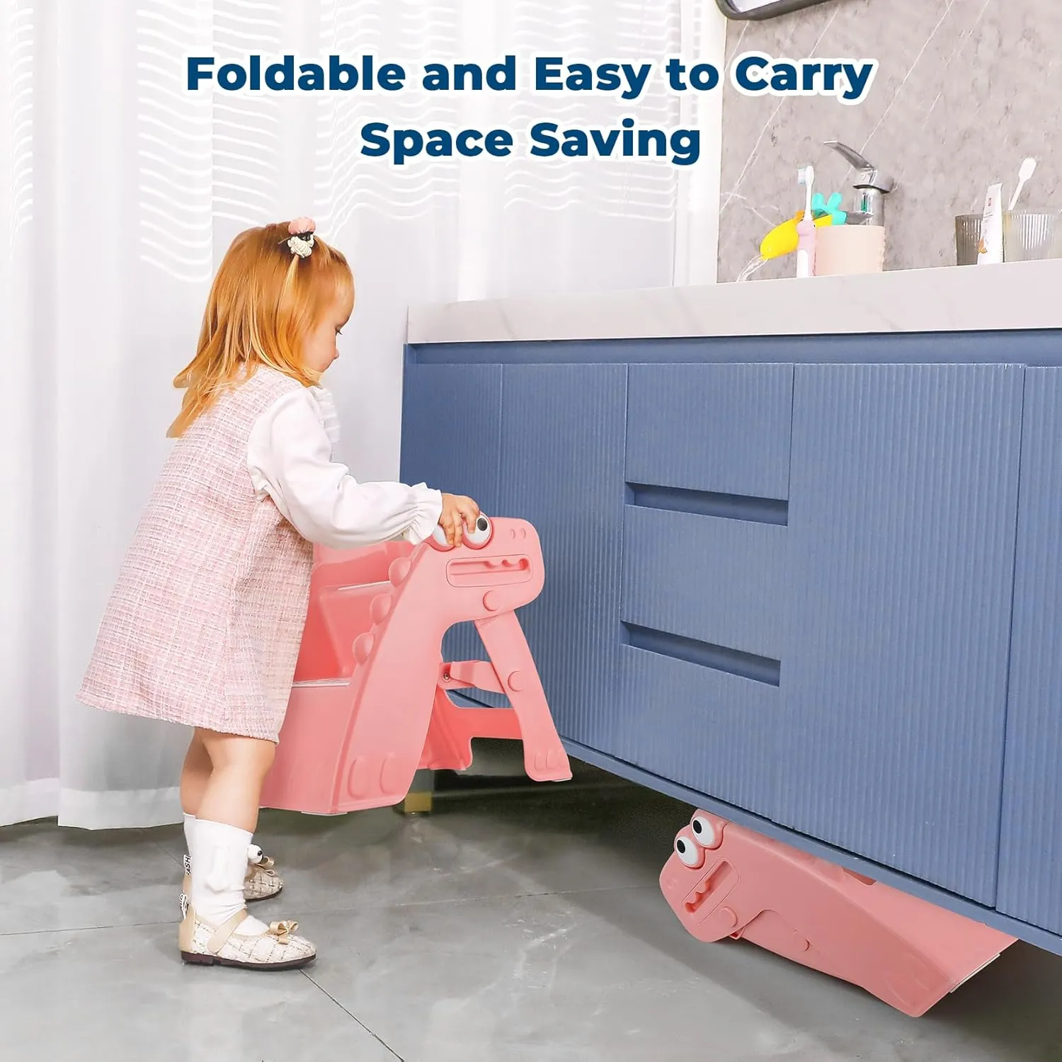 Toddler Step Stool Foldable Kids Step Stool with Cute Dinosaur Design