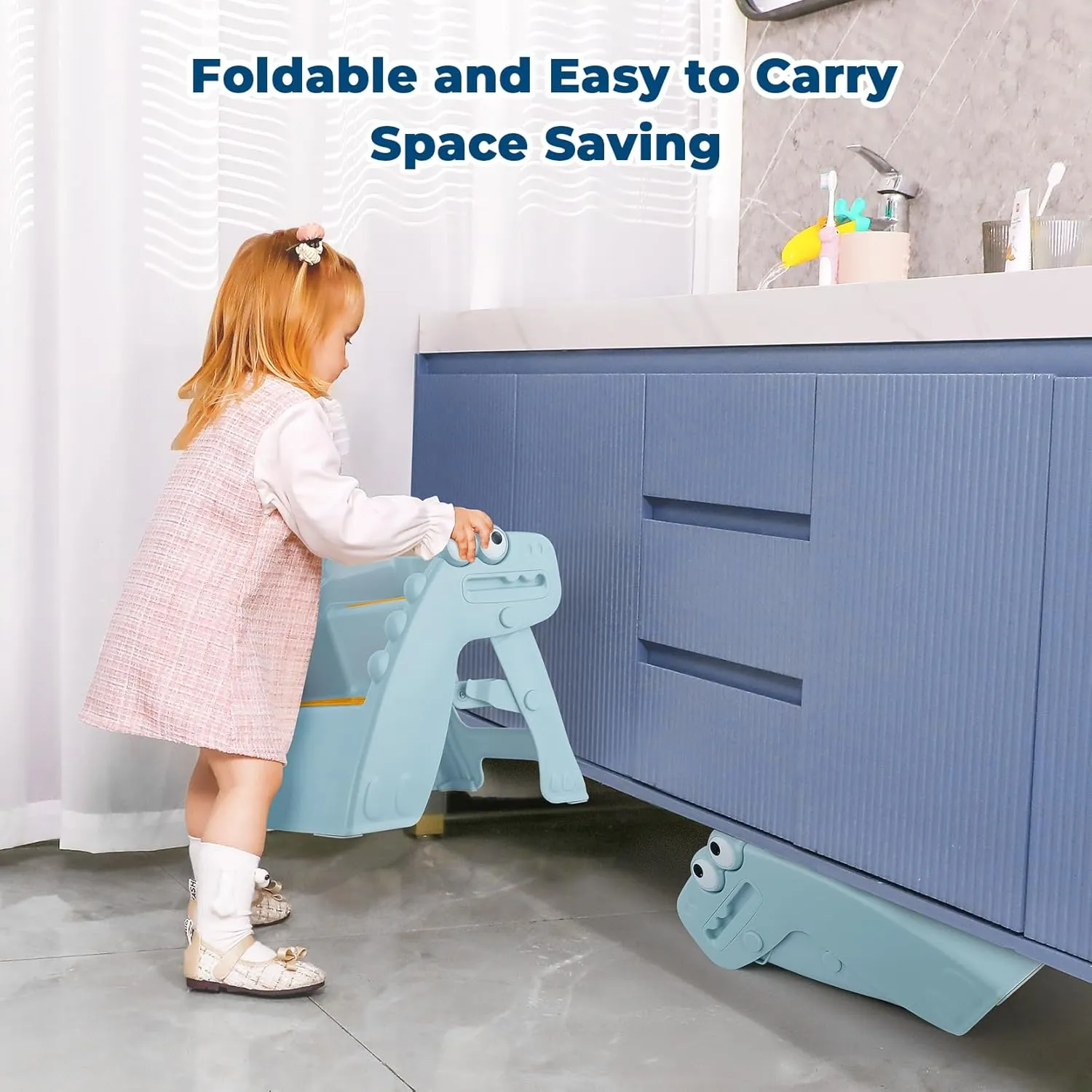 Toddler Step Stool Foldable Kids Step Stool with Cute Dinosaur Design
