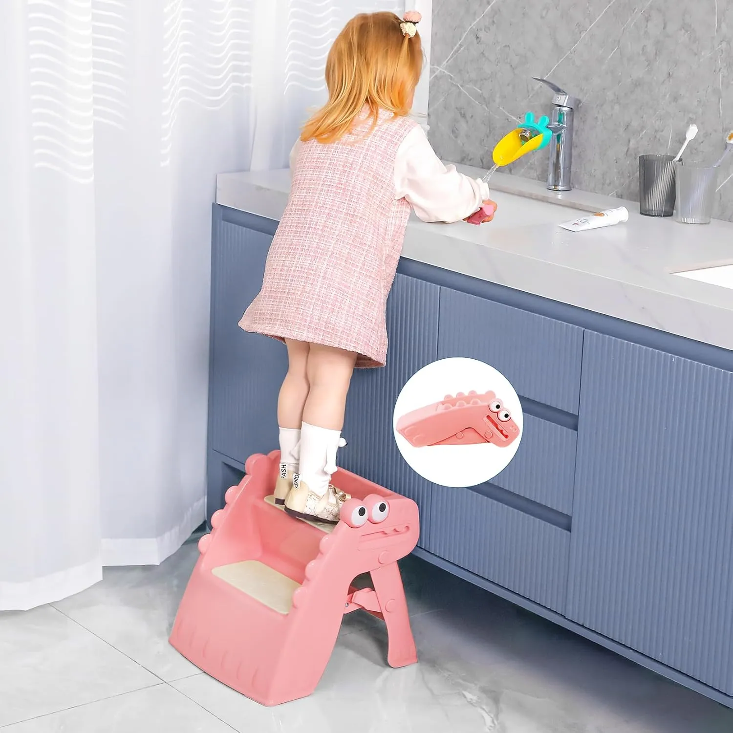 Toddler Step Stool Foldable Kids Step Stool with Cute Dinosaur Design
