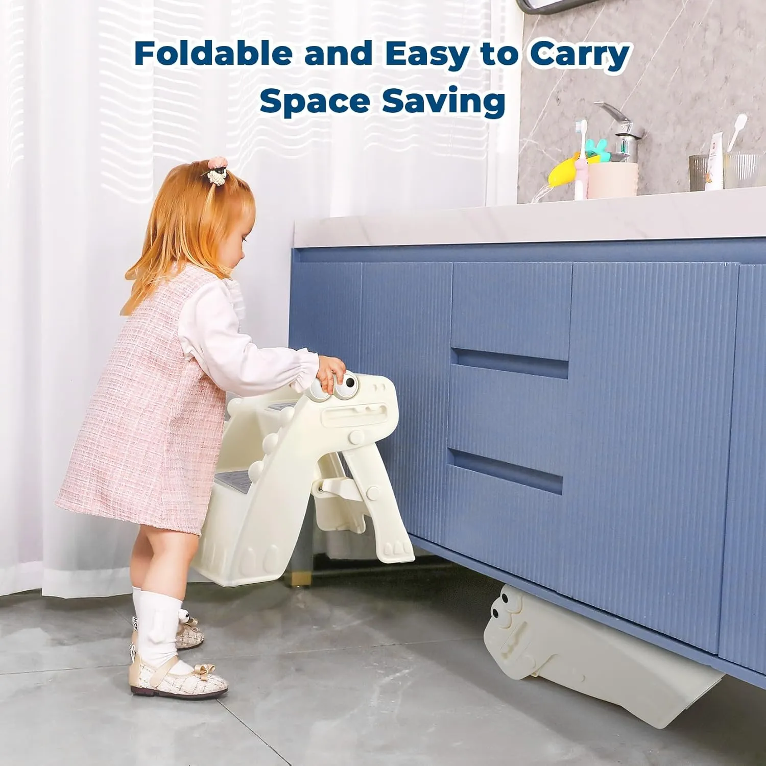 Toddler Step Stool Foldable Kids Step Stool with Cute Dinosaur Design