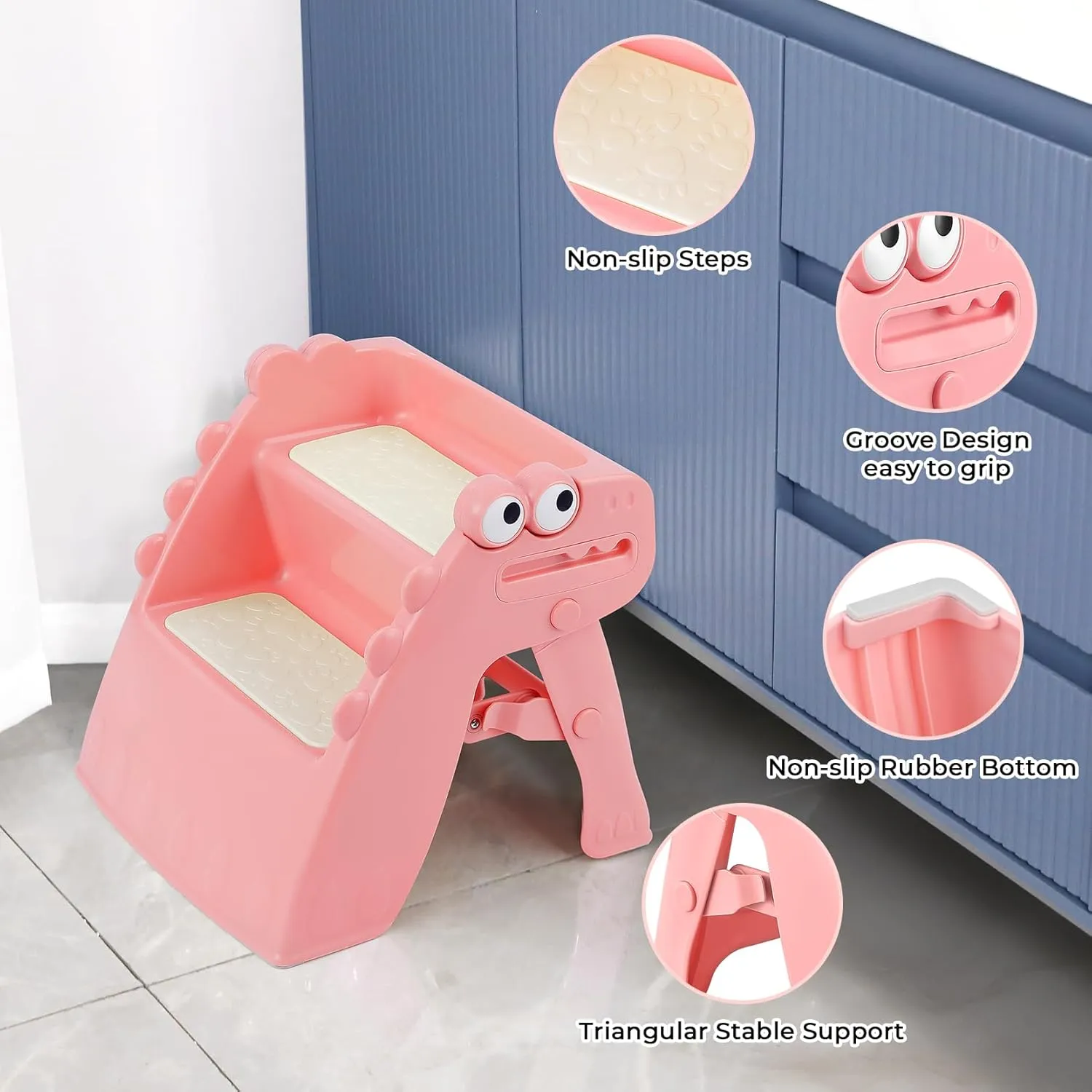 Toddler Step Stool Foldable Kids Step Stool with Cute Dinosaur Design
