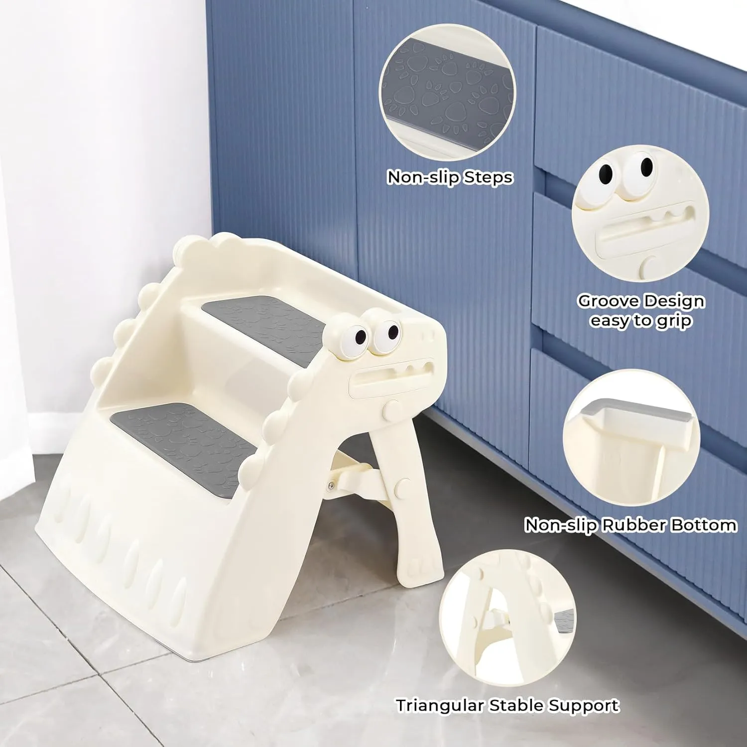 Toddler Step Stool Foldable Kids Step Stool with Cute Dinosaur Design