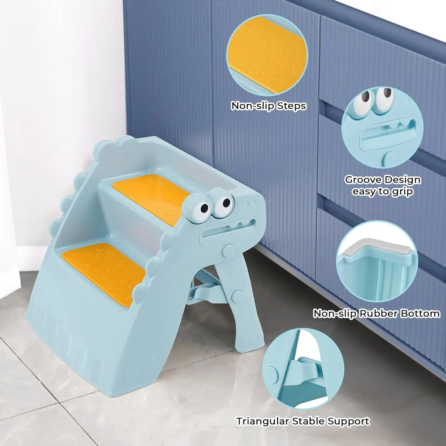 Toddler Step Stool Foldable Kids Step Stool with Cute Dinosaur Design
