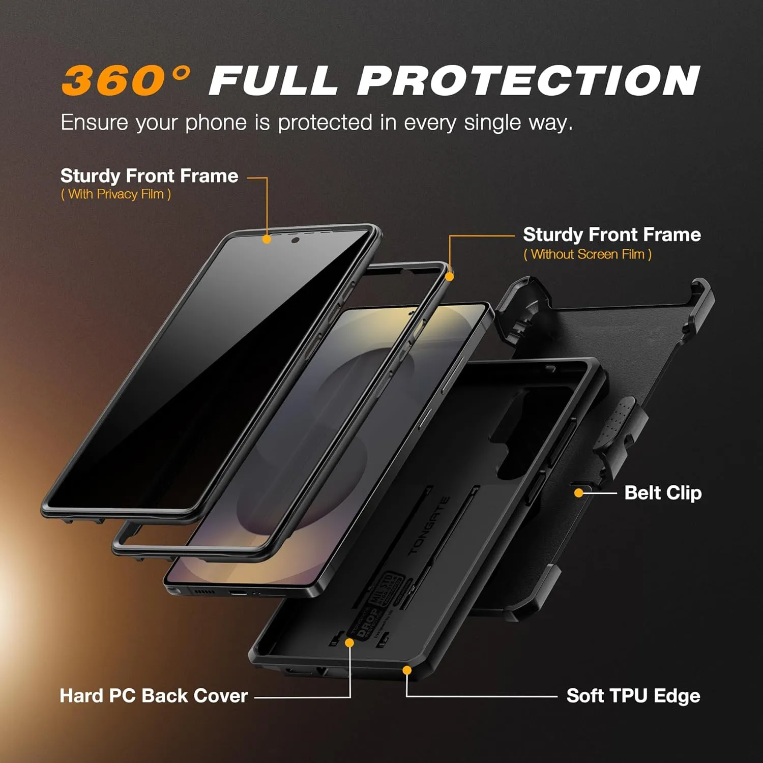 TONGATE for Samsung Galaxy S25 Ultra Case, [with Privacy Screen Protector & Slide Camera Cover] [2 Front Frames] Full-Body Heavy Duty S25 Ultra Case with Stand & Belt Clip Holster, Black Privacy Film