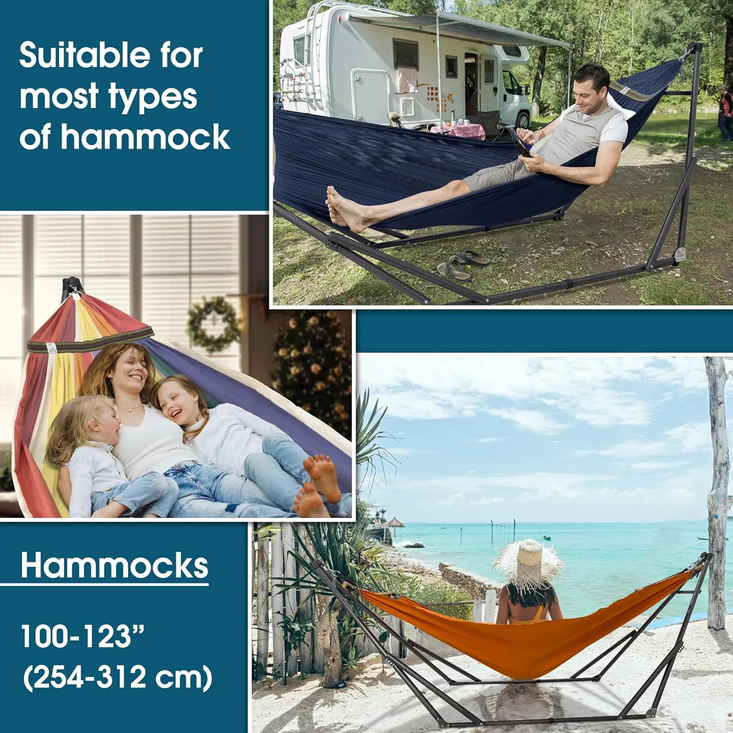 Tranquillo Adjustable Hammock Stand, Collapsible Camping Hammock and Stand, 600 lbs Capacity Steel Double Hammock Stand for 2 Persons, Premium Pre-Assembled Stand for Indoor Outdoor, Anti-flip, Aegean
