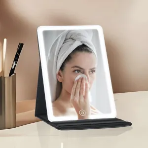 Travel Mirror with Light, PU Leather Vanity Mirror with 3 Color Lights of 8x5.5inch, Travel Makeup Mirror Rechargeable 1500mAh Lighted Makeup Mirror Portable Desktop Cosmetic Mirror, Travel Essentials
