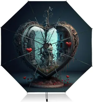Travel Umbrella for Rain Windproof a broken heart stitched together ani valentine grunge Automatic Cute Portable Compact Umbrella for Women Purse Backpack Car Black Sun UV Protection