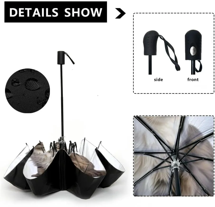 Travel Umbrella for Rain Windproof Adorable red cat white Automatic Cute Portable Compact Umbrella for Women Purse Backpack Car Black Sun UV Protection