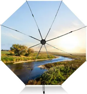 Travel Umbrella for Rain Windproof Beautiful autumn landscape at sunrise river Automatic Cute Portable Compact Umbrella for Women Purse Backpack Car Black Sun UV Protection