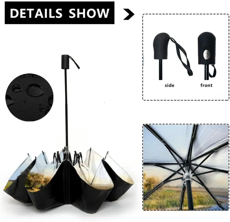 Travel Umbrella for Rain Windproof Beautiful autumn landscape at sunrise river Automatic Cute Portable Compact Umbrella for Women Purse Backpack Car Black Sun UV Protection