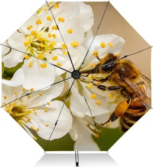 Travel Umbrella for Rain Windproof Bee a spring flower collecting pollen and nectar Automatic Cute Portable Compact Umbrella for Women Purse Backpack Car Black Sun UV Protection