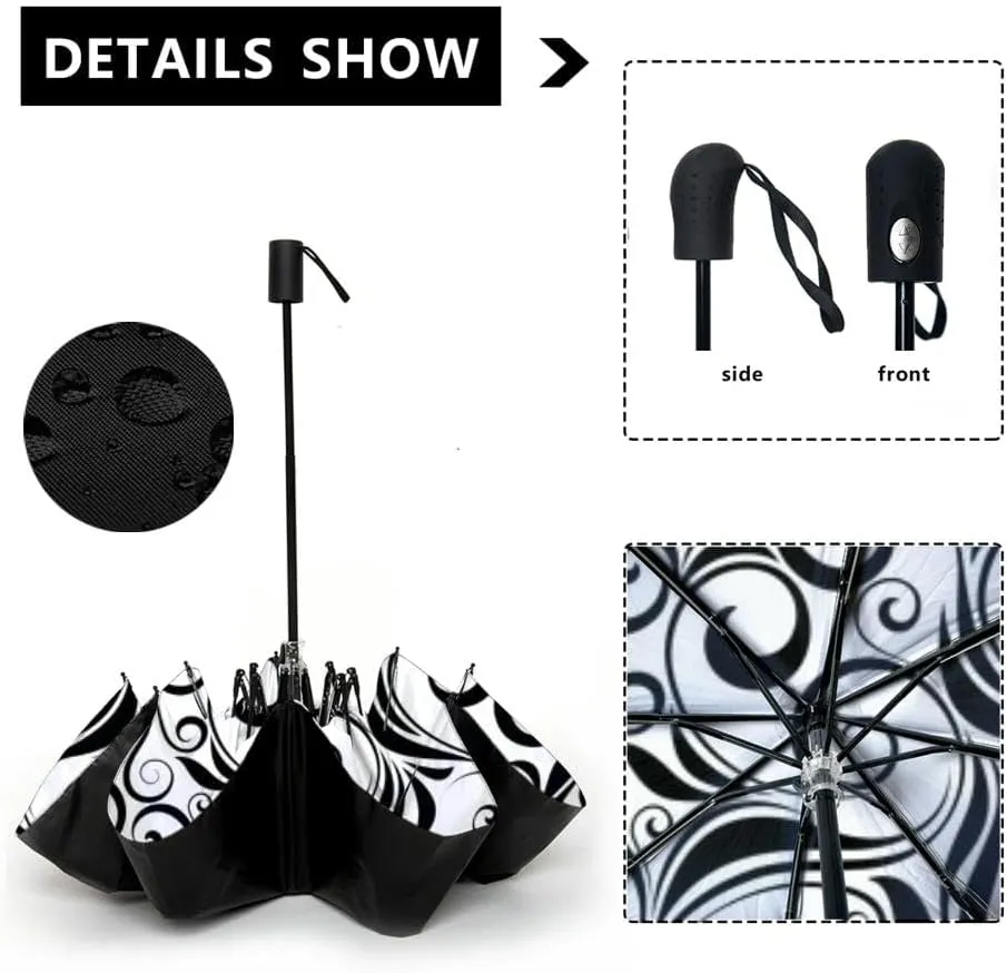 Travel Umbrella for Rain Windproof black and white floral Automatic Cute Portable Compact Umbrella for Women Purse Backpack Car Black Sun UV Protection