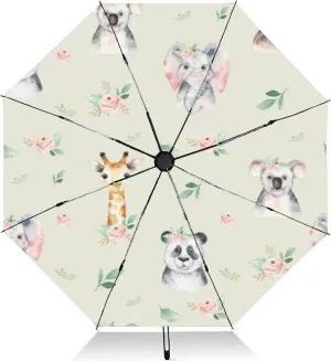 Travel Umbrella for Rain Windproof Cute bear Cartoon Animals forest Automatic Cute Portable Compact Umbrella for Women Purse Backpack Car Black Sun UV Protection