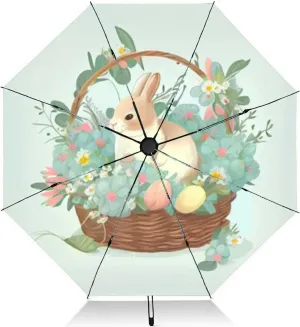 Travel Umbrella for Rain Windproof cute watercolor easter bunny Automatic Cute Portable Compact Umbrella for Women Purse Backpack Car Black Sun UV Protection