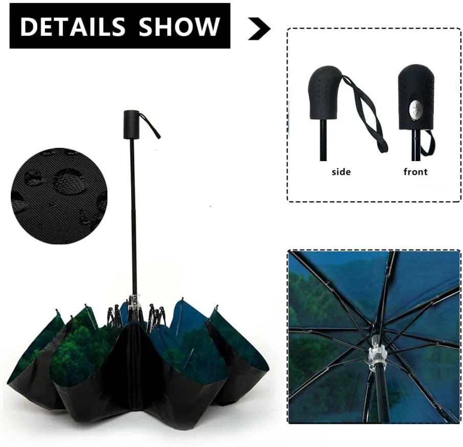 Travel Umbrella for Rain Windproof Evening Reflections Along the River Automatic Cute Portable Compact Umbrella for Women Purse Backpack Car Black Sun UV Protection