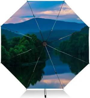 Travel Umbrella for Rain Windproof Evening Reflections Along the River Automatic Cute Portable Compact Umbrella for Women Purse Backpack Car Black Sun UV Protection