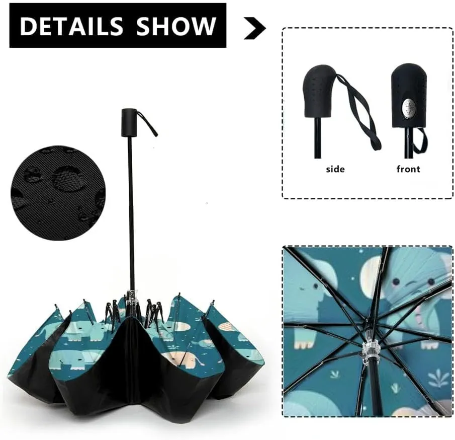 Travel Umbrella for Rain Windproof fishes cartoon design Automatic Cute Portable Compact Umbrella for Women Purse Backpack Car Black Sun UV Protection