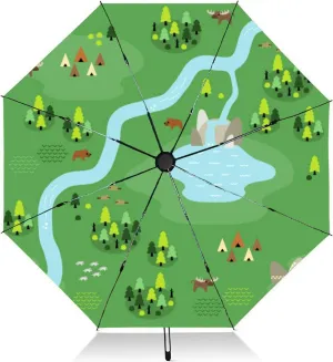 Travel Umbrella for Rain Windproof Flat Coniferous Map Automatic Cute Portable Compact Umbrella for Women Purse Backpack Car Black Sun UV Protection