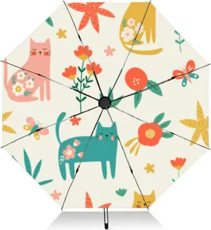 Travel Umbrella for Rain Windproof flowers and cats Animal hand drawn style Cartoon style Funny kids fab Automatic Cute Portable Compact Umbrella for Women Purse Backpack Car Black Sun UV Protection