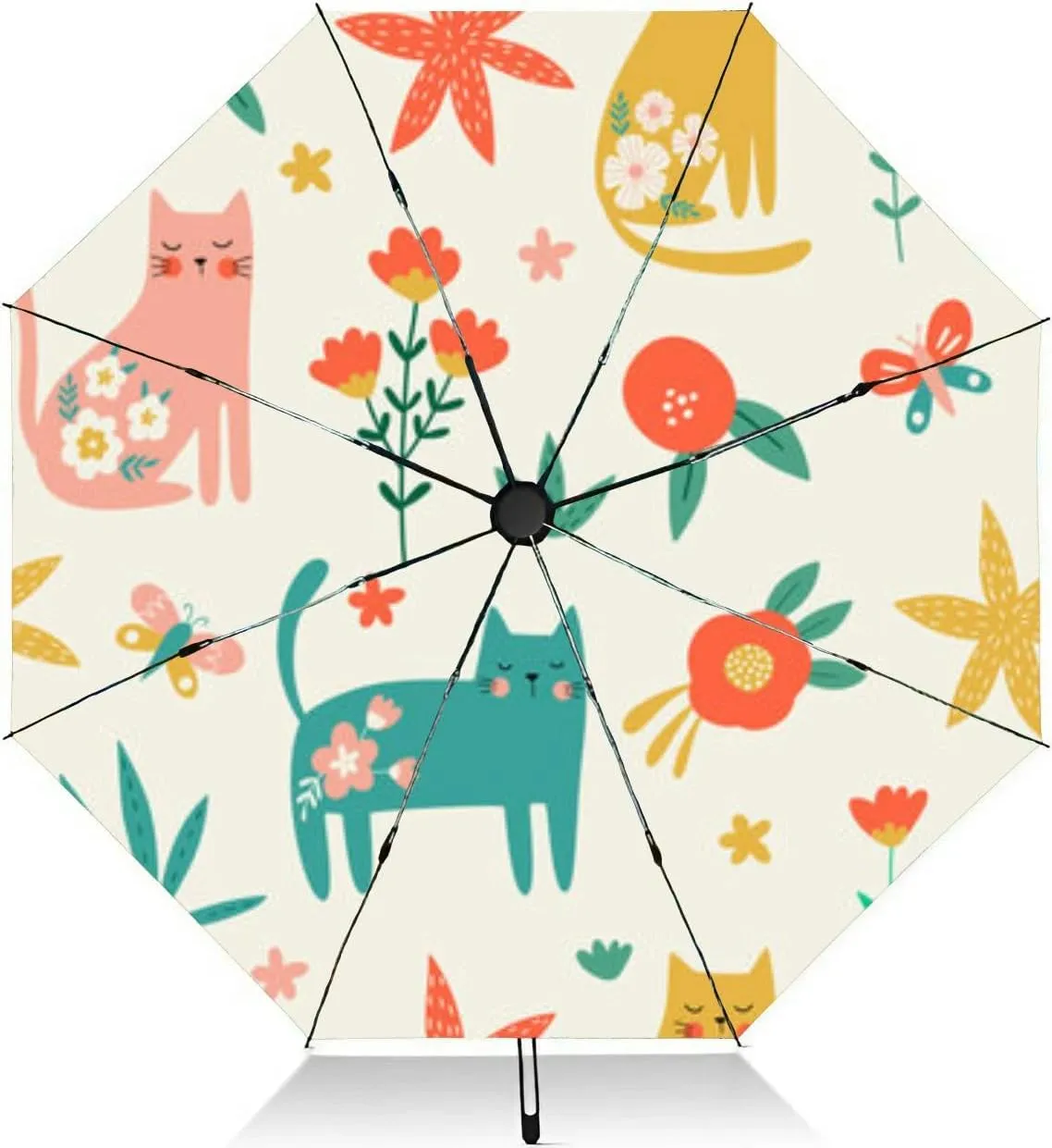 Travel Umbrella for Rain Windproof flowers and cats Animal hand drawn style Cartoon style Funny kids fab Automatic Cute Portable Compact Umbrella for Women Purse Backpack Car Black Sun UV Protection