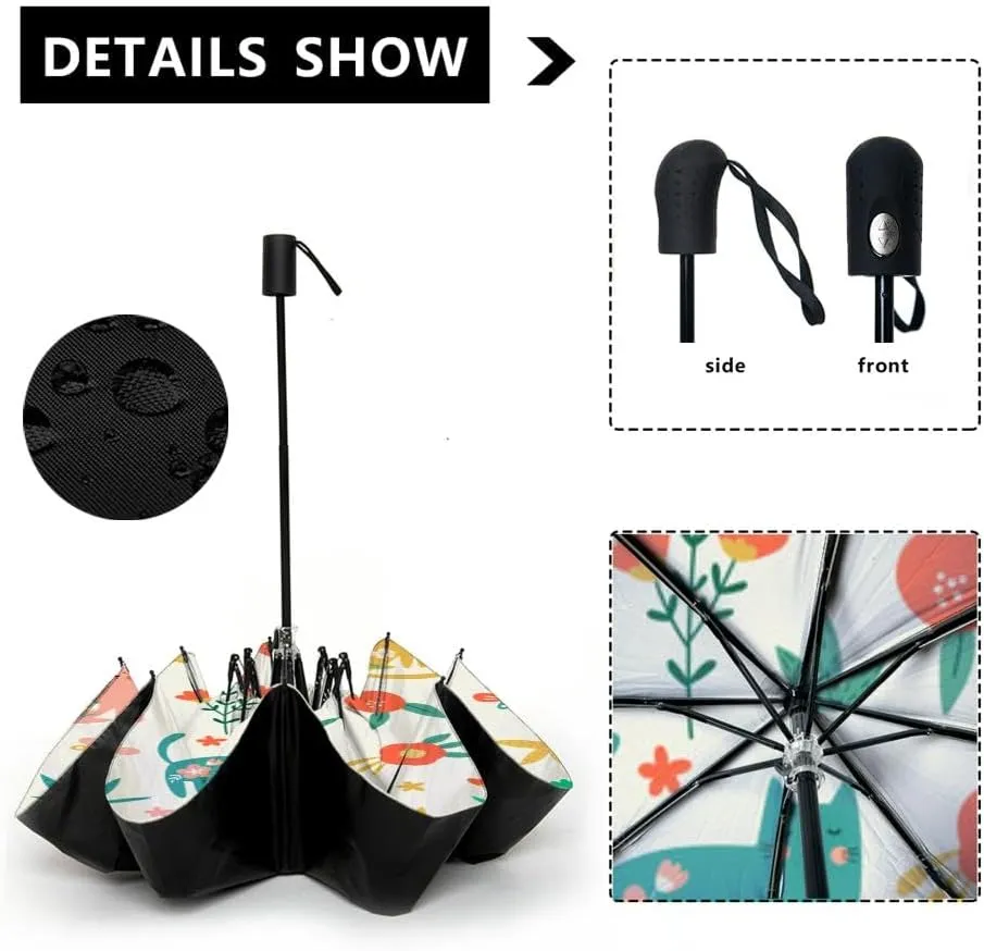 Travel Umbrella for Rain Windproof flowers and cats Animal hand drawn style Cartoon style Funny kids fab Automatic Cute Portable Compact Umbrella for Women Purse Backpack Car Black Sun UV Protection