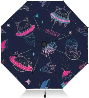 Travel Umbrella for Rain Windproof Fun cat astronaut space cartoon charters Editable Automatic Cute Portable Compact Umbrella for Women Purse Backpack Car Black Sun UV Protection, Mulit10