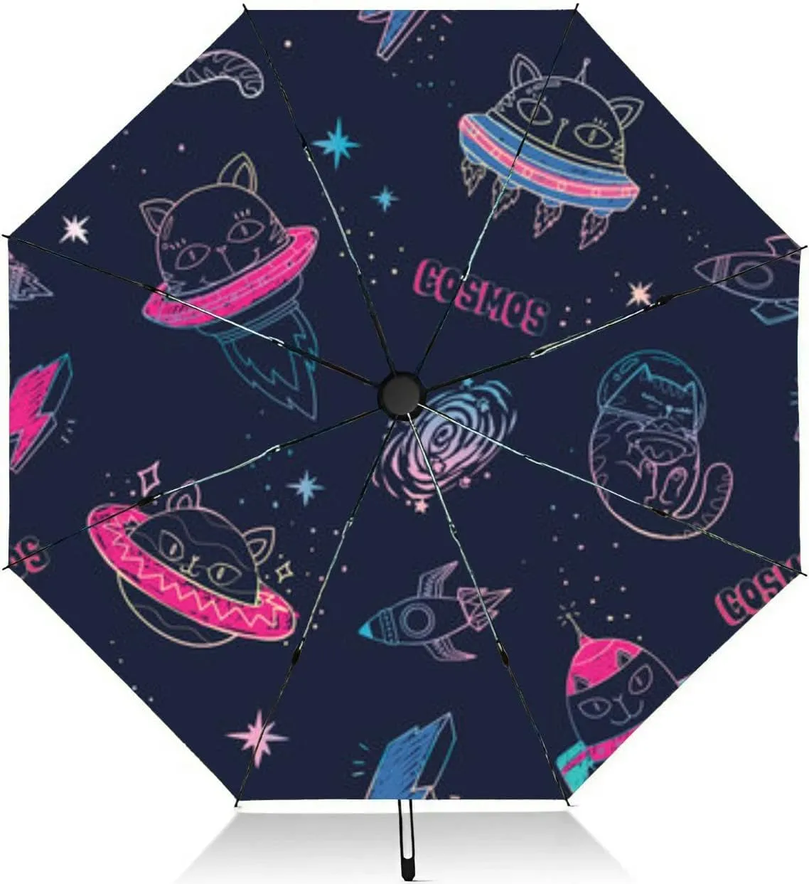 Travel Umbrella for Rain Windproof Fun cat astronaut space cartoon charters Editable Automatic Cute Portable Compact Umbrella for Women Purse Backpack Car Black Sun UV Protection, Mulit10