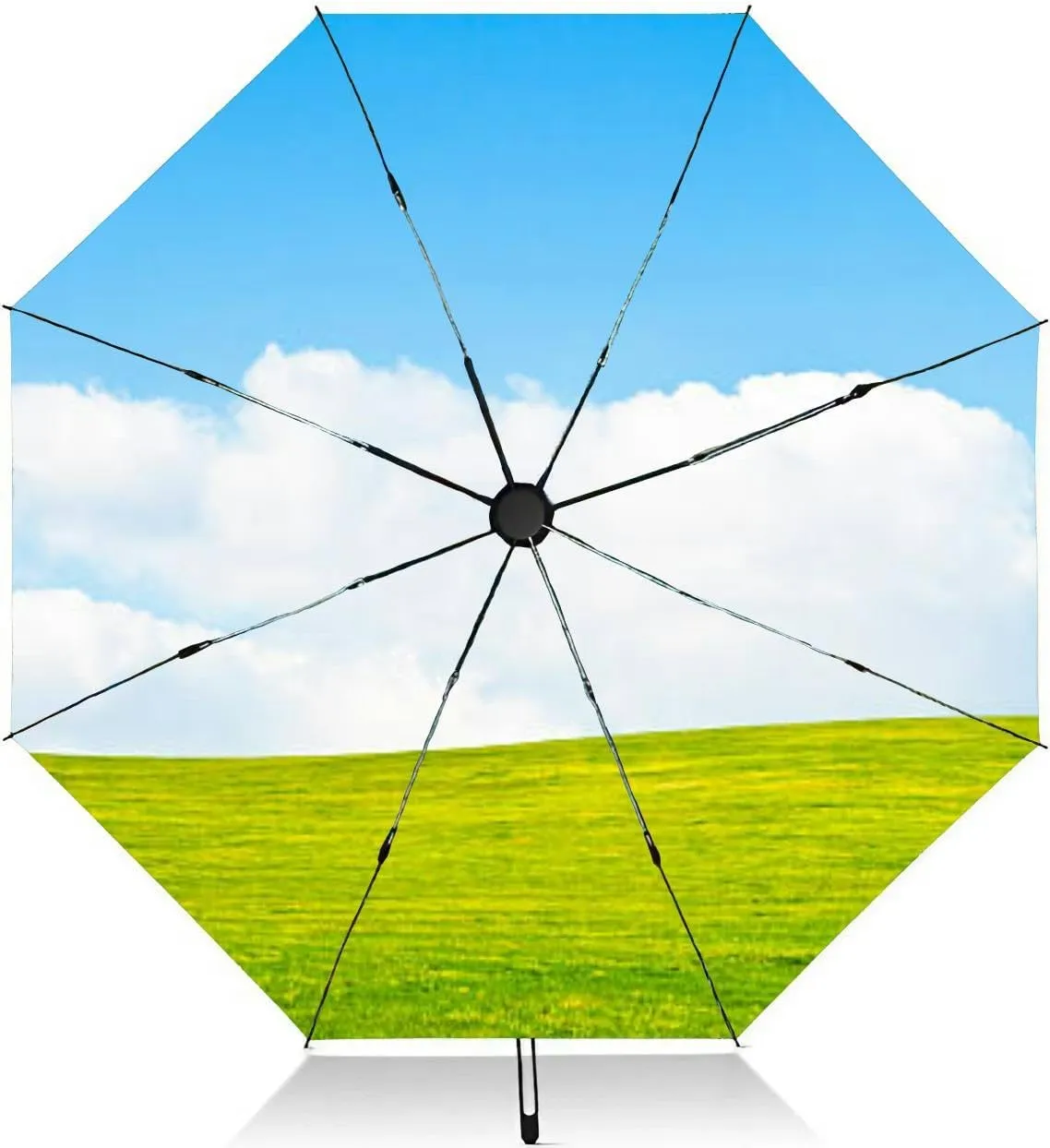 Travel Umbrella for Rain Windproof Green field under morning blue sky Automatic Cute Portable Compact Umbrella for Women Purse Backpack Car Black Sun UV Protection