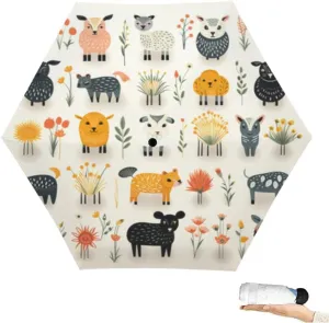 Travel Umbrella for Rain Windproof icons cute animals and plants cartoon naive style Cute Portable Compact Mini Umbrella for Women Purse Backpack Car Black Sun UV Protection, Mulit4