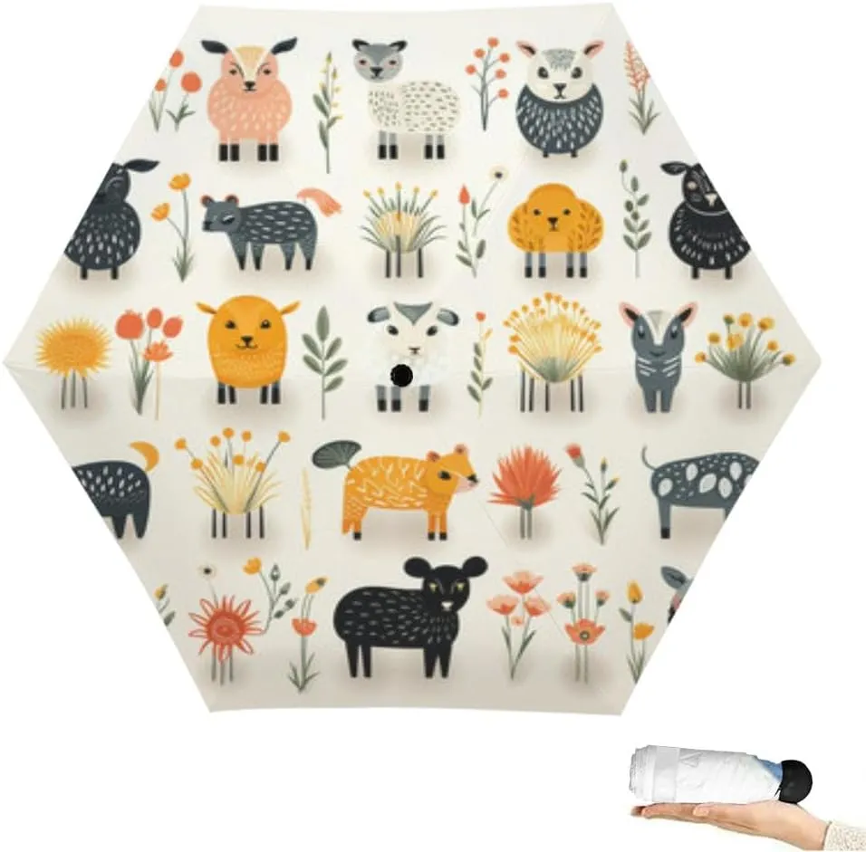 Travel Umbrella for Rain Windproof icons cute animals and plants cartoon naive style Cute Portable Compact Mini Umbrella for Women Purse Backpack Car Black Sun UV Protection, Mulit4