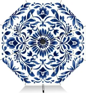 Travel Umbrella for Rain Windproof Indian floral paisley border Tropical flowers motif decoration Automatic Cute Portable Compact Umbrella for Women Purse Backpack Car Black Sun UV Protection
